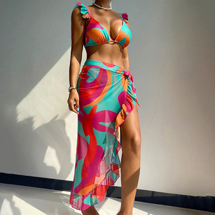 2025 New Amazon European and American Print Beach Dress Three-piece Swimwear Women Sexy Bikini Spa Swimwear