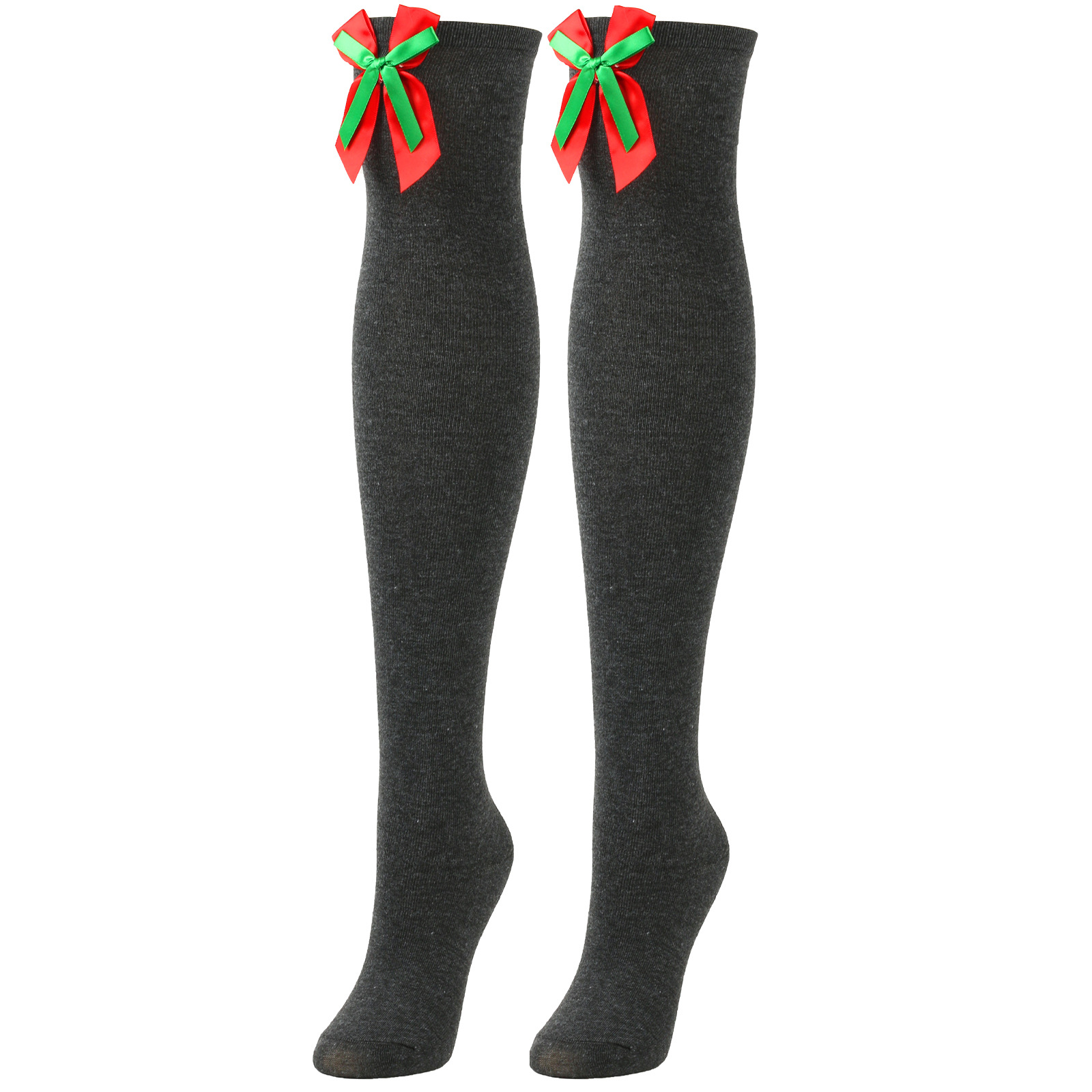 Calzini natalizi unisex con fiocco, calzini a palla, sopra il ginocchio, calzini lunghi da donna, calzini natalizi a righe_voghion.com