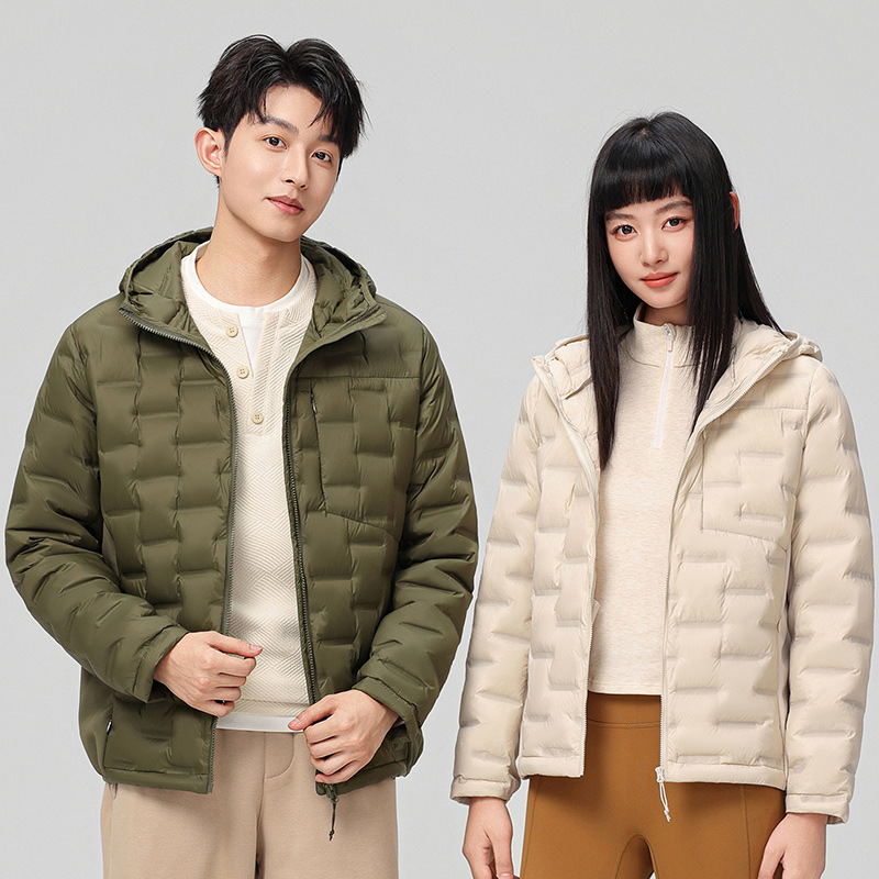 Chaqueta de plumón ligera al aire libre con capuchón en vivo pareja simple y versátil de manga larga nueva chaqueta estándar nacional 90 blanco con capuchón