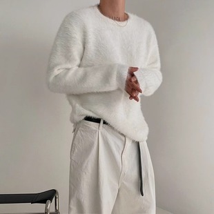 Men's Lazy Knitted Sweater for Autumn and Winter Korean Loose Solid Color Top Soft Round Collar Thick Sweater