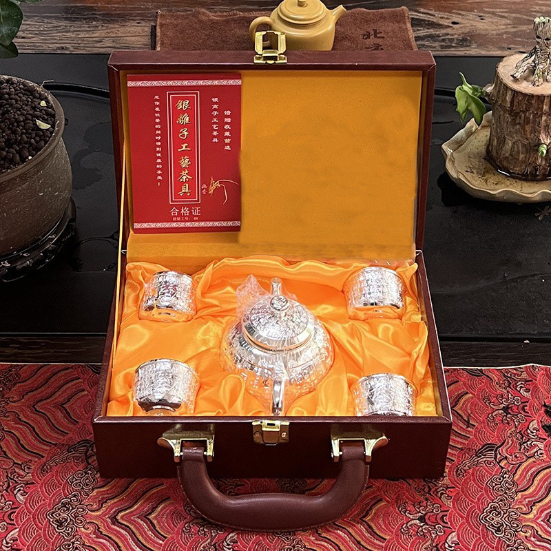 Baifu tea set suit business creative gifts wholesale 999 silver teapot silver plate daily silver tea cup 5-piece set