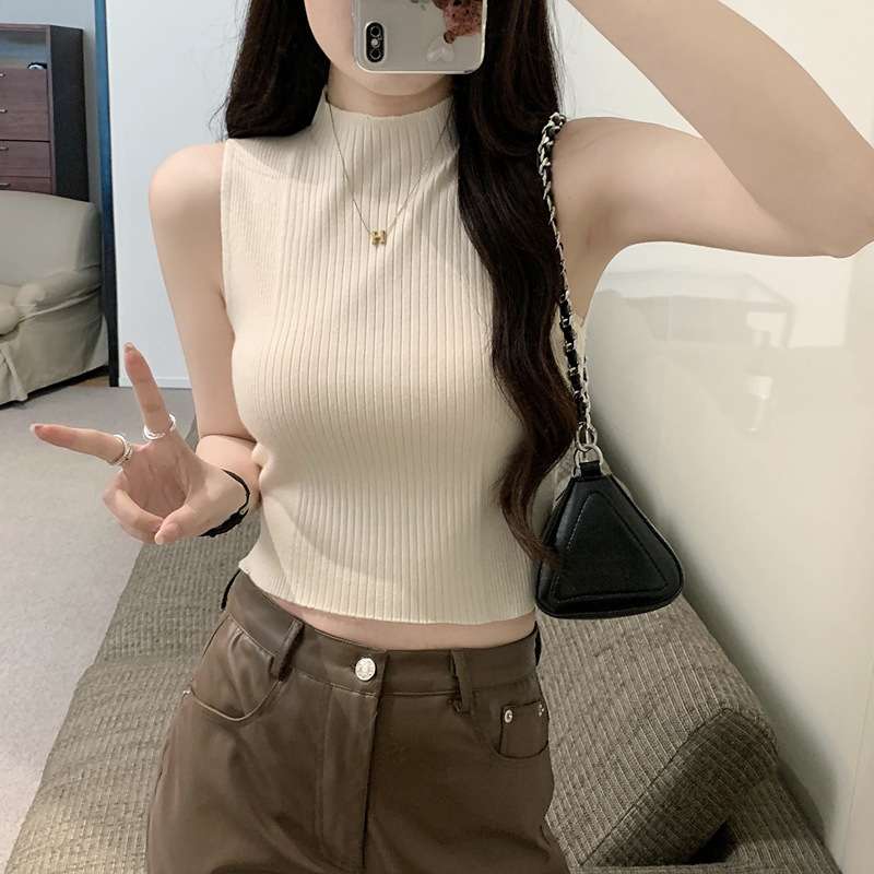 Half-Turtleneck Knitted Vest for Women, 2025 Summer New Style, Slim Fit, Outerwear, Inner Layer, Short Sleeveless Student Top, Trendy for Women