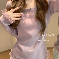 純綿レース長袖 Tシャツ女性のための 2025 春の新しいスタイルの優しいスタイルスリムフィットボトリングシャツトップ女性のための