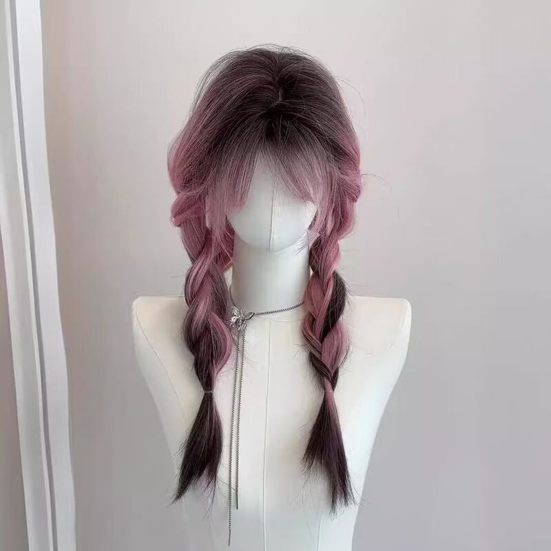 [Pink Version of Siamese Cat] Wig Female Full Head Pink Gradient Black High-Level Sense Simulated Human Long Straight Hair Full Headgear