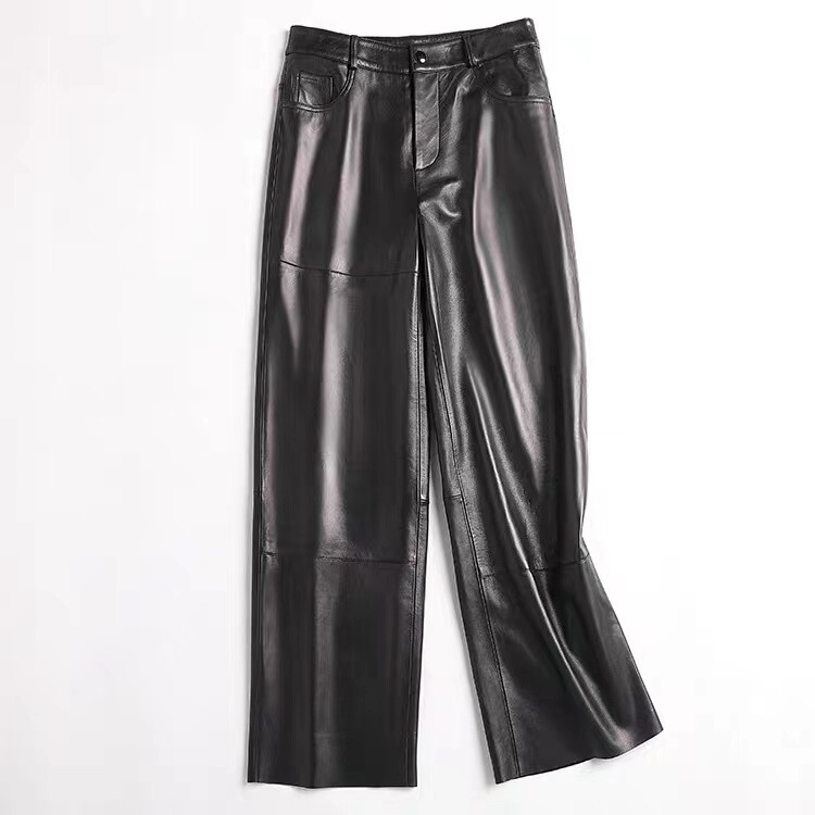 Haining Genuine Leather Sheepskin Wide Leg Straight Leg Leather Pants Trousers Western-style Casual Women's Slim Look High Waist Leather Pants Autumn and Winter Casual