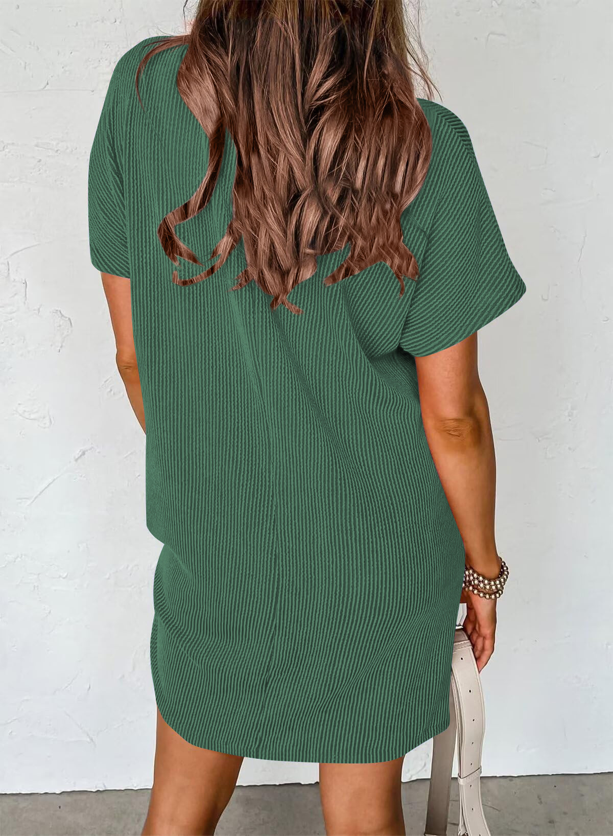 Women Summer Casual Contrast Color Wavy Stripes Short Sleeve Pocket Dress