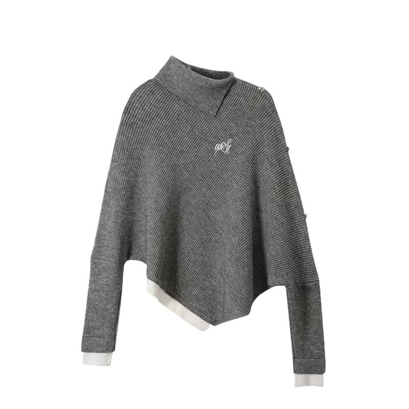 유럽 버전 느슨한 게으른 가을과 겨울 새로운 여성의 가을과 겨울 높은 칼라 불규칙한 느슨한 케이프 스웨터 코트 회색 디자인