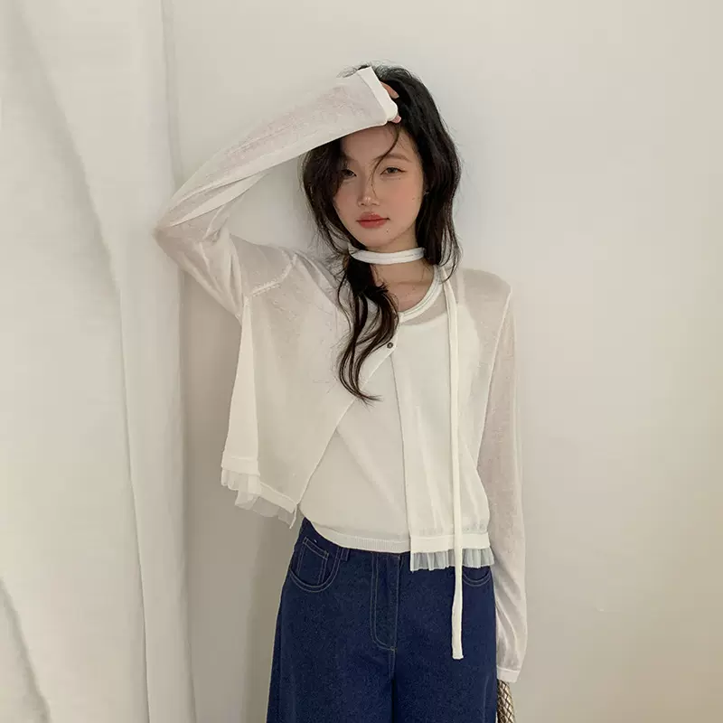 【清仓不退不换】MOXI 十三行女装挂脖针织衫女白色防晒外套开衫