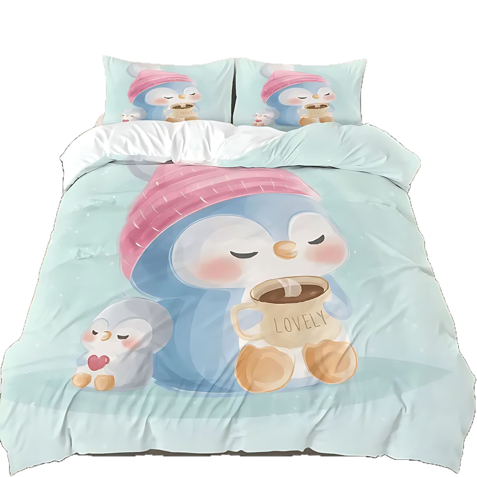 TEMU / JIT cómodos edredón conjunto encantador dibujos animados pingüino impresión digital se puede ajustar