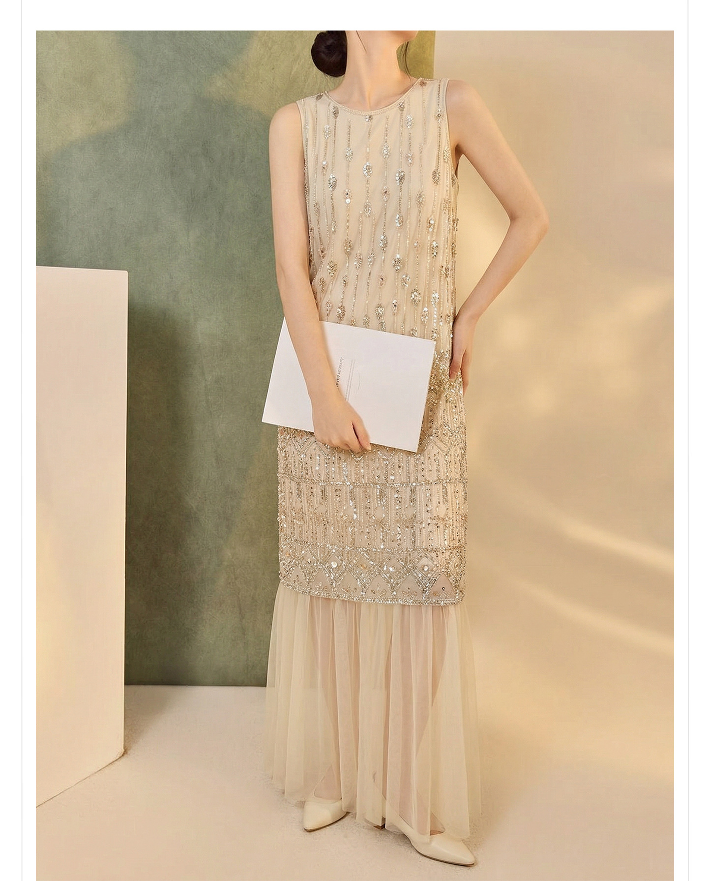 Đầm suông nữ midi phong cách Guofeng tay không sequin cao cấp — màu trắng ngà chi tiết 3