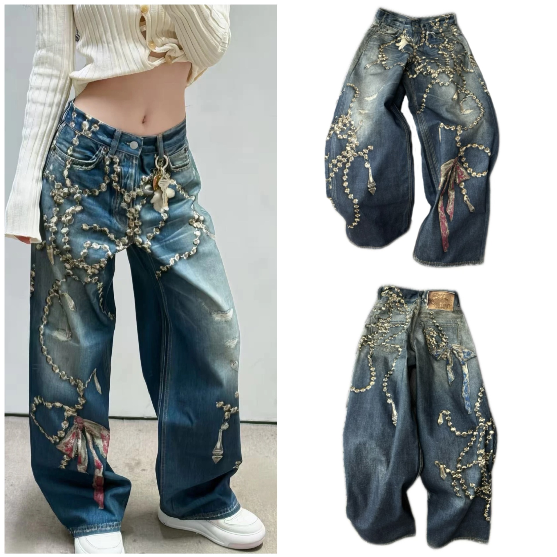 Limited Edition 3D Printed Chain Bow Straight-Leg Jeans for Women, New Loose Wide-Leg Pants for Autumn and Winter 25