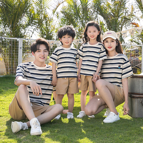 Fashion Brand Striped Parent-Child Short Sleeve T-Shirt for Three or Four People Family Fashion Heavy Embroidery Round Neck Large Size T-Shirt Family Wear 