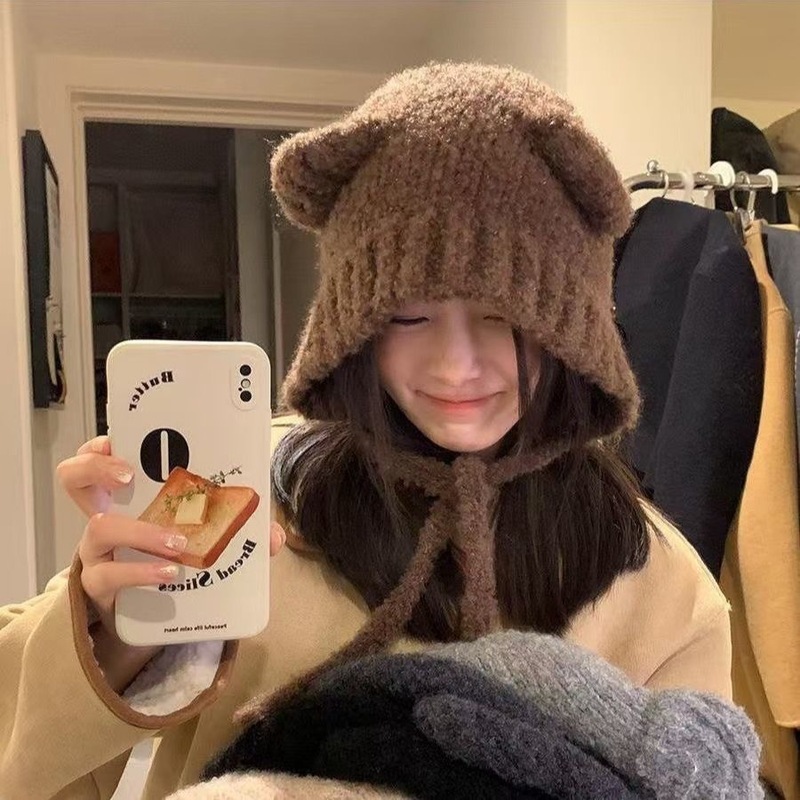 クマのニット帽、かわいいウールのぬいぐるみ、女性の秋冬の万能韓国版、暖かいぬいぐるみ、大きな頭囲、小さな顔|undefined