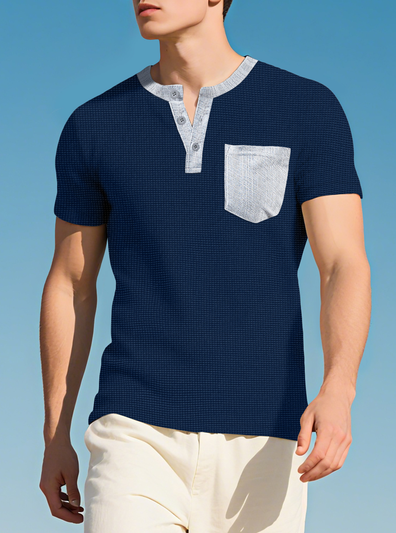 Europa y América hombres cuello redondo manga larga bolsillo de color contrastante camiseta de Henry comercio exterior transfronterizo camiseta casual americana top hombre
