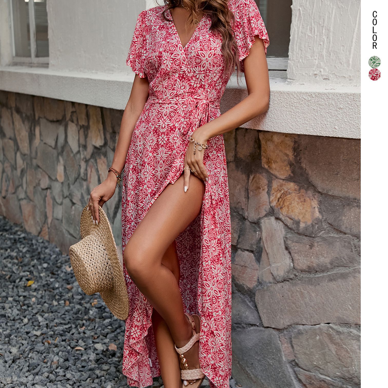 유럽과 미국의 독립 스테이션 V 넥 반팔 불규칙한 휴가 해변 드레스 숲 스타일 레이스 업 슬림 복고풍 꽃 무늬 드레스