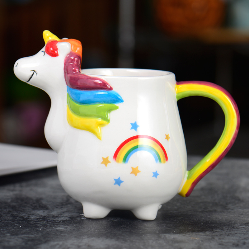 Taza de cerámica de unicornio europea y americana cuidadosamente seleccionada, taza de desayuno con leche, taza de oficina con dibujos de caballos arcoíris, taza creativa para el hogar