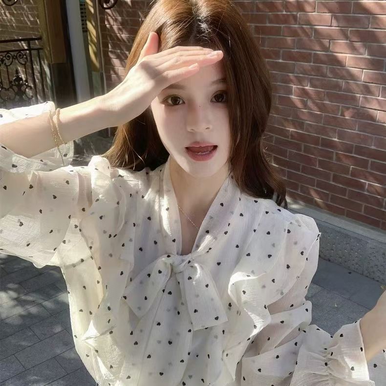 2025春夏季女士新款法式高级感荷叶边波点衬衫设计感绑带宽松上衣|undefined