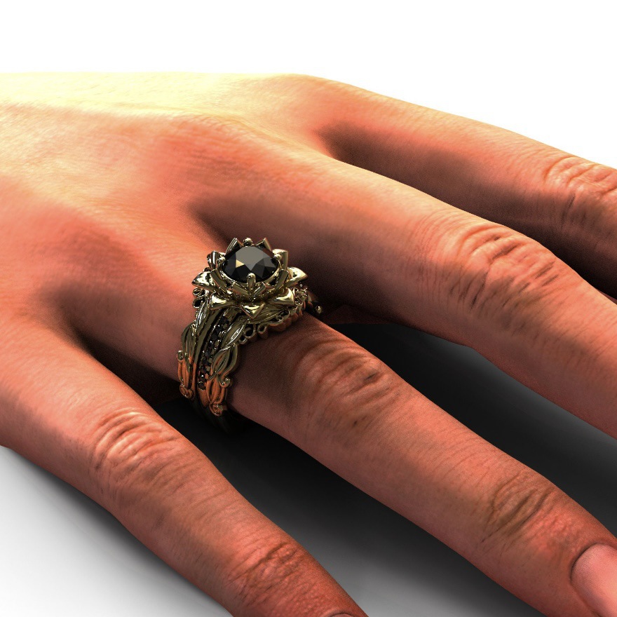 HUAJIE 국경 간 폭발 3 피스 링 뜨거운 판매 로즈 여성 세트 링 전기 도금 골드 상감 블랙 다이아몬드 쥬얼리