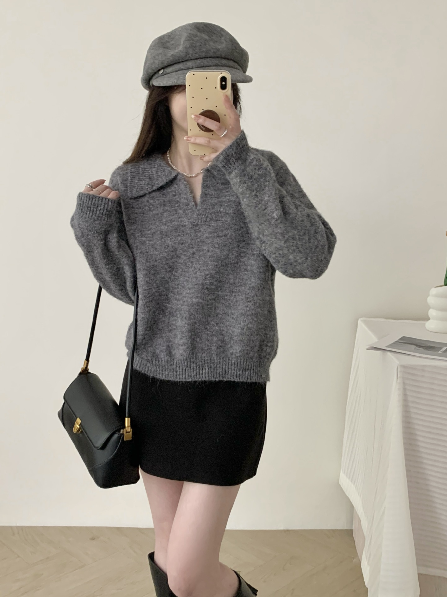 24 invierno Puyuan coreano perezoso viento suelto camiseta de punto con solapa de otoño para mujeres polo
