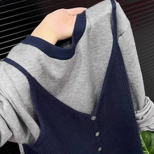 圆领拼接打底衫撞色2025秋装新款假两件长袖简约通勤风上衣针织衫