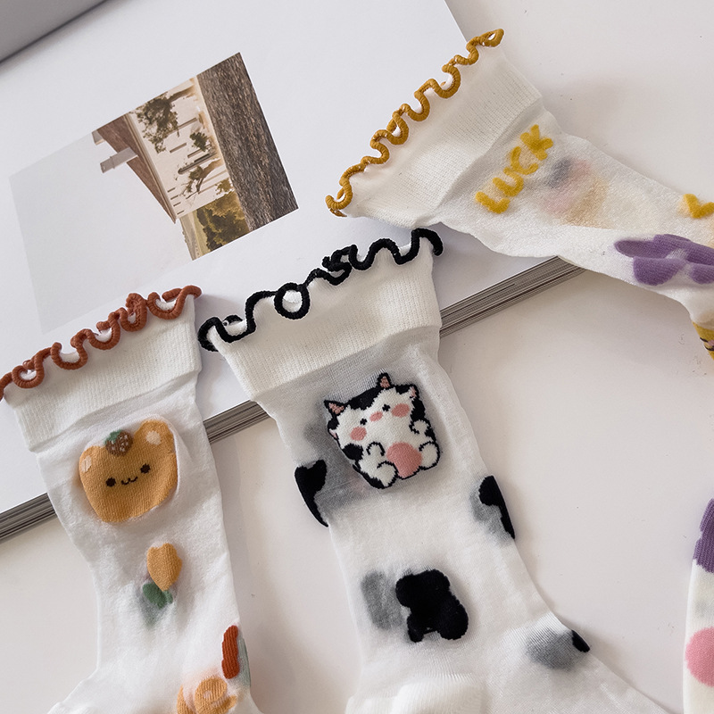 Japanese-Style Clearance Sale Sweet and Cute Cartoon Animal Glass Fiber Mid-Calf Socks with Ruffled Edges, Thin Summer Socks