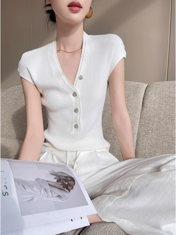 ホワイト二重層 V ネック半袖 Tシャツ女性の夏の 2025 新しいスリムファッションシンプルな気質トップ|undefined