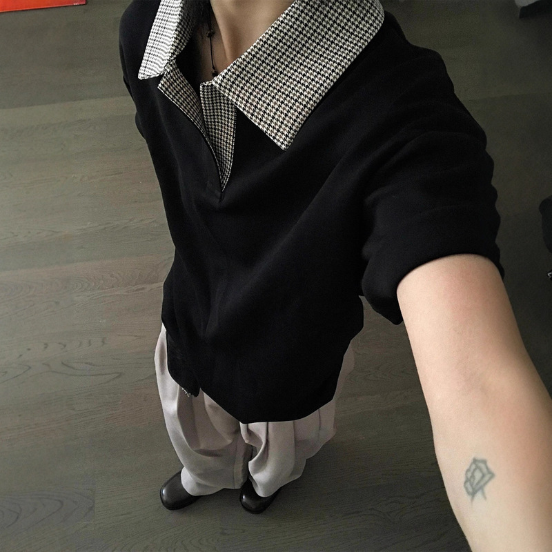 Houndstooth Splicing Short-Sleeved Polo Shirt Men's Summer American High Street Lapel T-Shirt Cleanfit Right Shoulder Half Sleeve