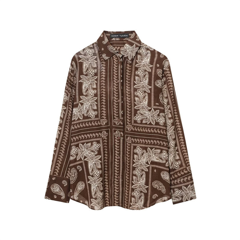 Foreign Trade 2025 Autum New Fashion Simple Cotton Straight Loose Paisley Print Holiday Casual Shirt