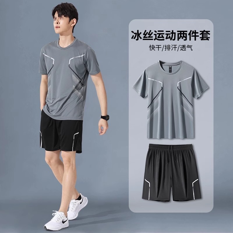 Traje de ropa deportiva para hombres corriendo manga corta seda de hielo ropa de secado rápido de verano ropa de baloncesto ropa de fitness de plumas pantalones cortos de verano