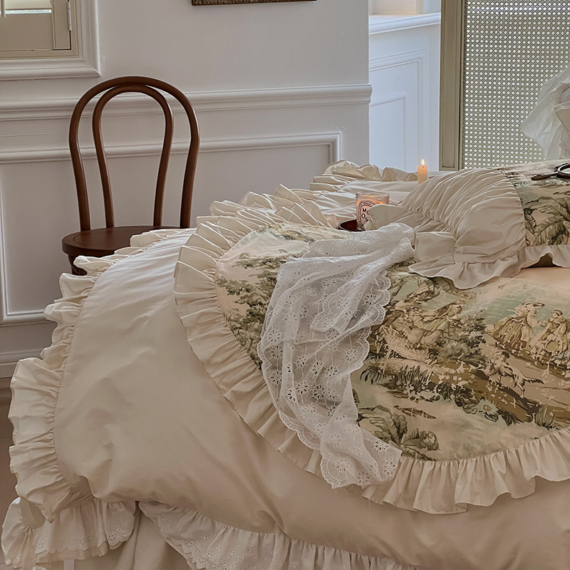 Nordic Vintage Four Piece Bedding Set Pure Cotton Princess Style_voghion.com
