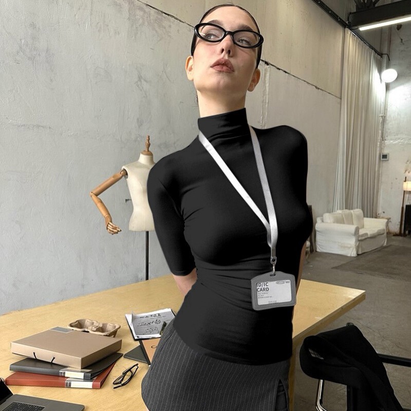 G25T075 White High-Neck Short-Sleeved Right-Shoulder T-Shirt for Women in Summer, Tight-Fitting and Slim-Fitting Inner Layering for Hot Girls to Tighten Their Waist and Show Their Body