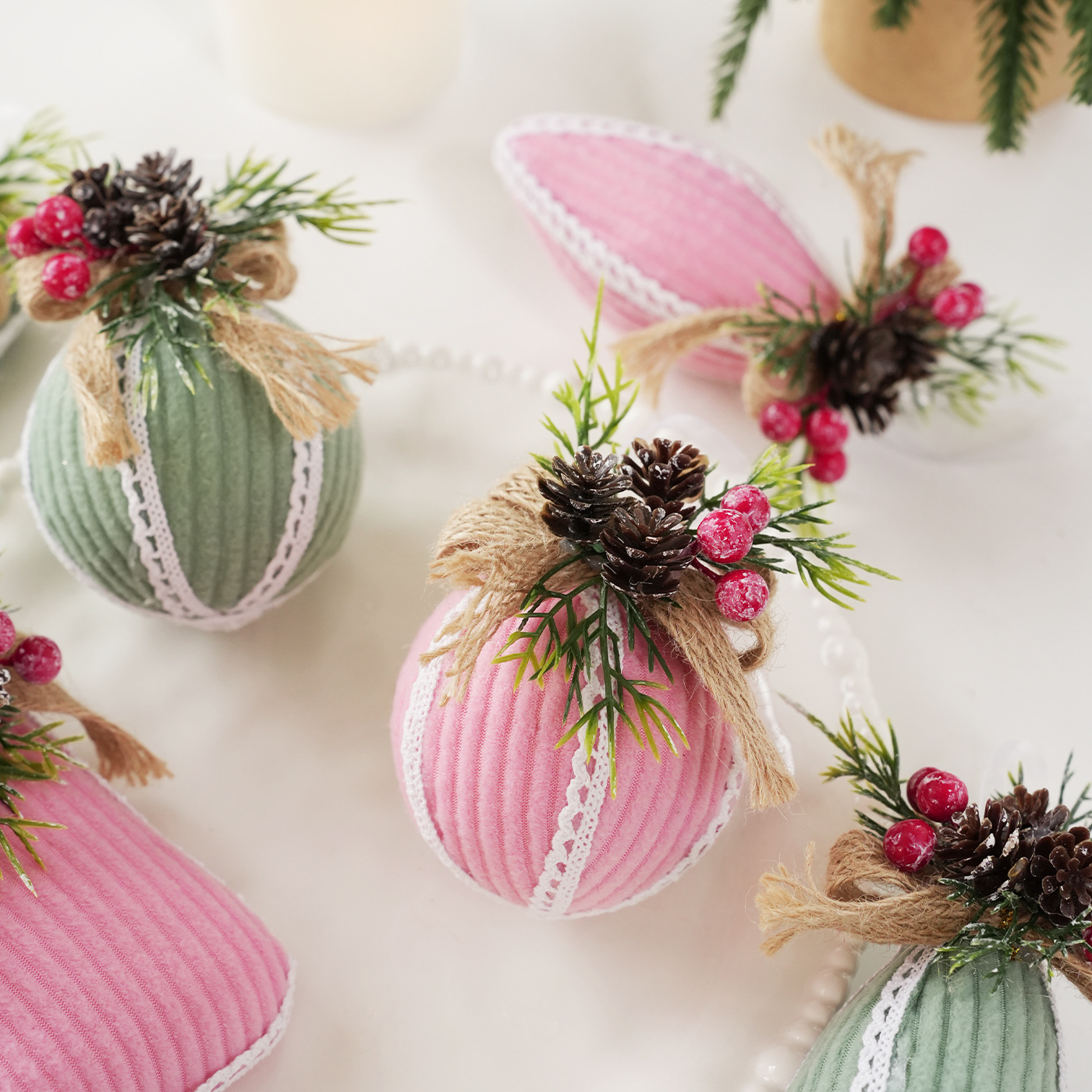 Tela transfronteriza calcetines de Navidad bordes blancos bola de Navidad pinos fruta creativa árbol de Navidad colgante colgante decoración