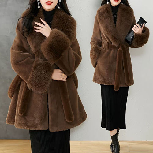 2025 Autumn/Winter New Plush Collar Winter Fitted Fox Faux Fur Coat Thick Warm Medium Length Fashion Overcoat