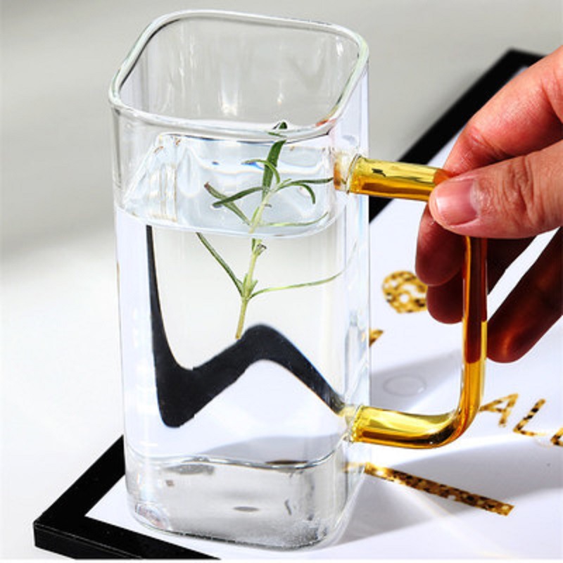 Color cuadrado mango vidrio ins estilo cuadrado taza de té verde con mango taza de desayuno resistente a altas temperaturas creativo café taza de leche