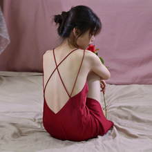 睡衣女夏冰丝绸缎红色结婚性感诱惑薄款露背短款吊带夏季睡裙