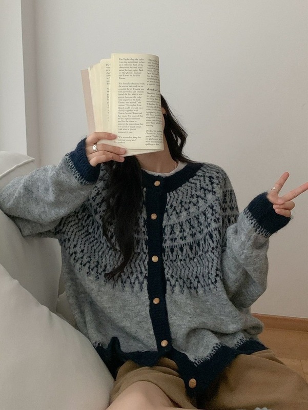 复古撞色提花费尔岛毛衣外套女秋冬新款宽松韩系软糯百搭针织开衫|undefined
