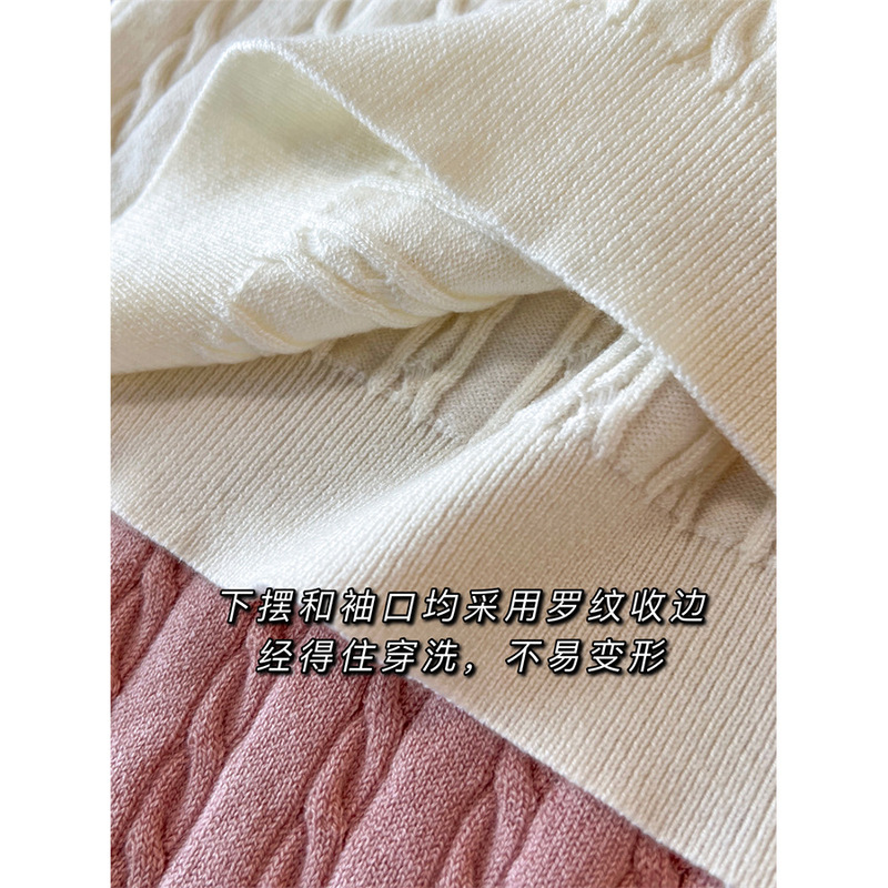 ポニー刺繍入りポロカラーラペルケーブルツイストショートニットセーター半袖Tシャツトップス女性用|undefined