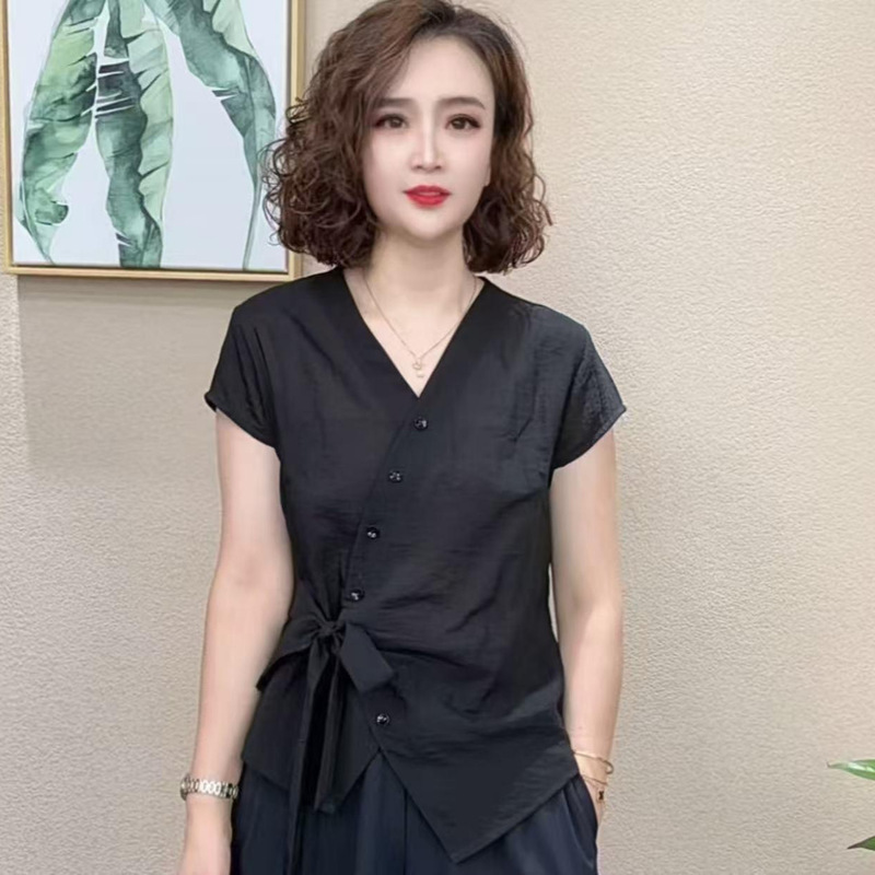 2025 夏の新スタイル重工業不規則なデザイン半袖ファッションストラップ V ネック Tシャツ女性の痩身トップス|undefined