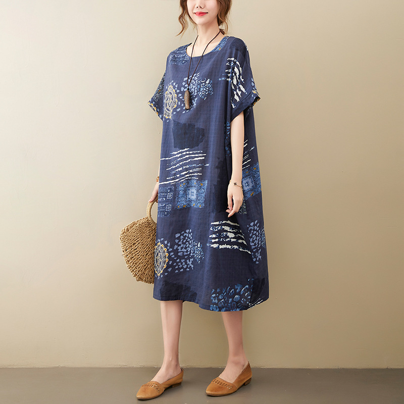 Thin Summer Women's Clothing Plus Size Round Neck Pullover Short-Sleeved Fashion Knee-Length Mid-Length Skirt Printed Loose Dress