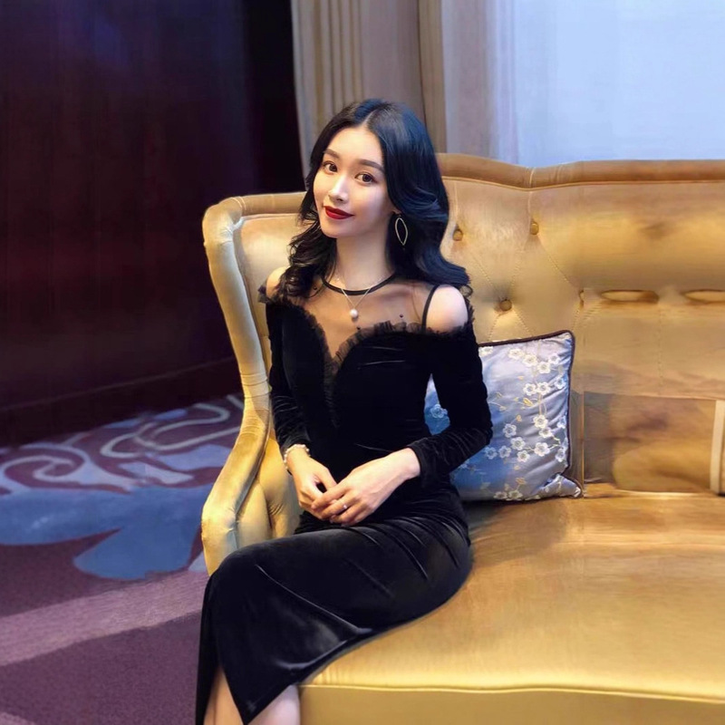 Design with a Sense of Sophistication for Annual Meetings, Birthday Parties, Evening Gowns, Light Luxury Niche High-End Mesh Velvet Dress for Winter