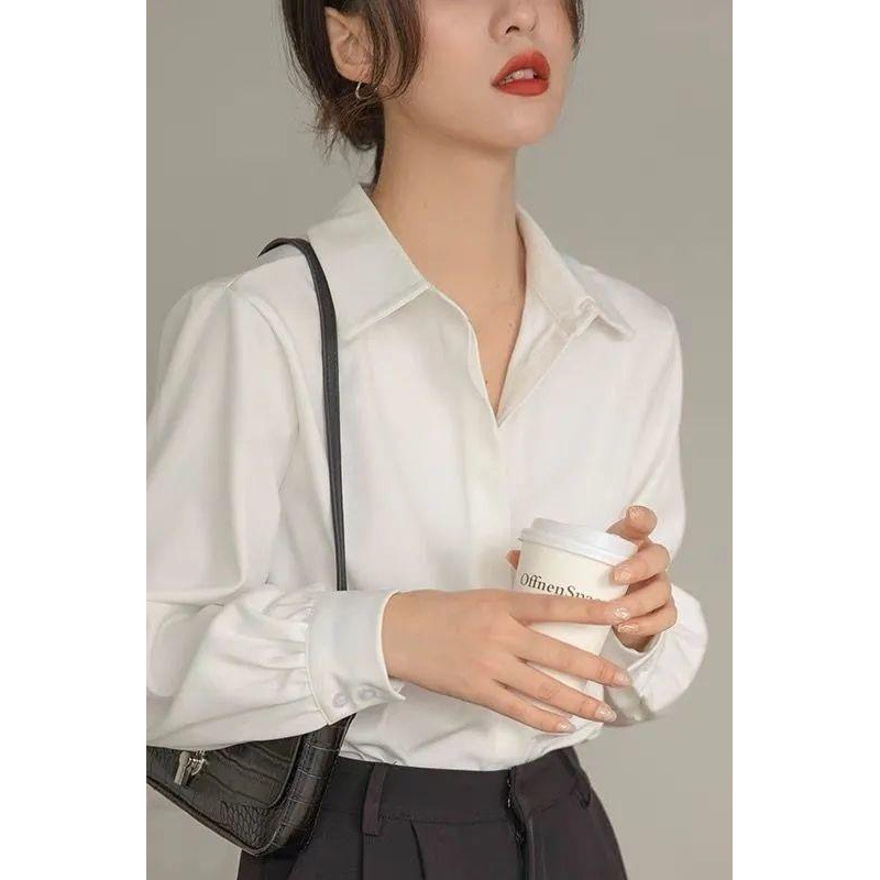 Professional Formal Wear White Long-Sleeve Chiffon Shirt for Women with a Unique Design, Stylish Turn-Down Collar, and French-Style Top