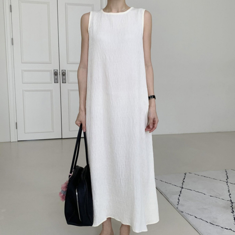 Textured Wrinkled One-Button Sleeveless Vest Dress with Cutout Back