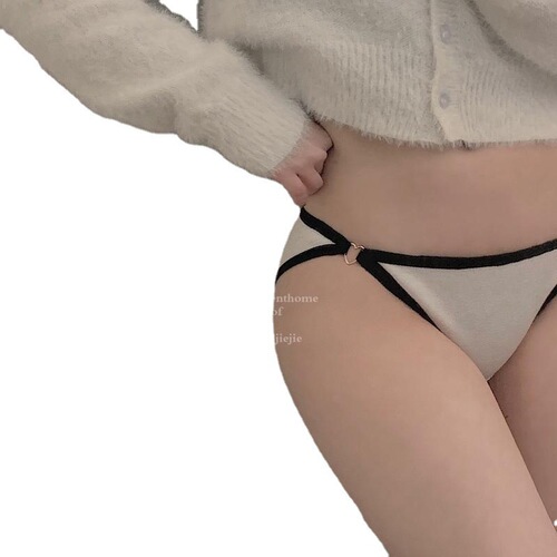 French discreet pure cotton thin-strap briefs for women, low-waist breathable cotton crotch lift, contrasting color thong T-pants