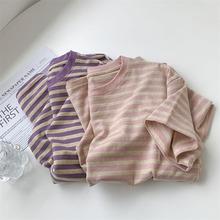 2025夏季新款条纹短袖T恤女简约款宽松纯棉上衣