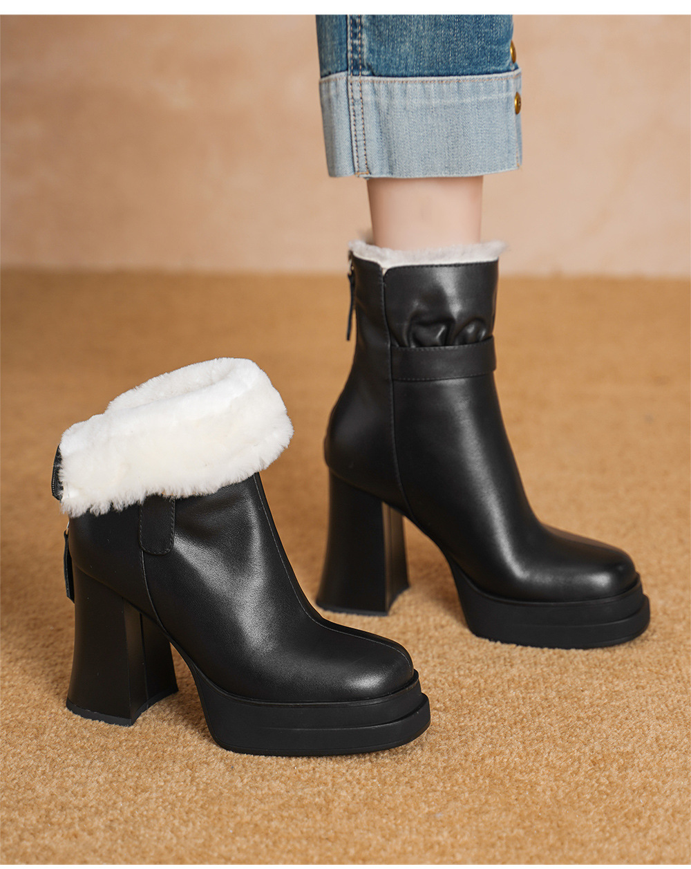 Boot nữ cổ thấp mũi vuông siêu cao gót da bò lót lông cừu ấm áp — màu đen chi tiết 5