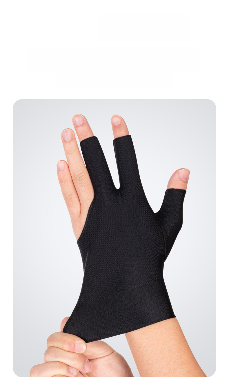 Luvas de bilhar de snooker pretas masculinas e femininas de três dedos, luvas de algodão antiderrapantes com adesivos para mão esquerda única, vendas diretas da fábrica_voghion.com