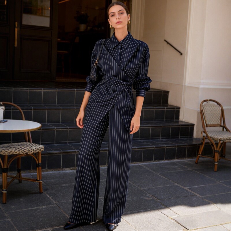 Amazon's Best-Selling Navy Blue Striped Set: Wrap-Around Tie-Waist Shirt and Wide-Leg Pants Two-Piece Set, in Stock for Dropshipping Amazon's Best-Selling Navy Blue Striped Set: Wrap-Around Tie-Waist Shirt and Wide-Leg Pants Two-Piece Set, in Stock for Dropshipping