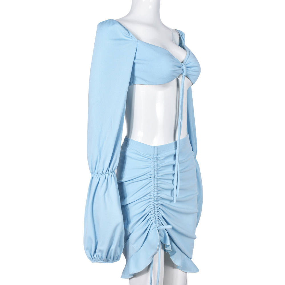 Spring Summer Women Clothing Hollow Out Cutout Corset Top Drawstring Short Skirt Two Piece Set