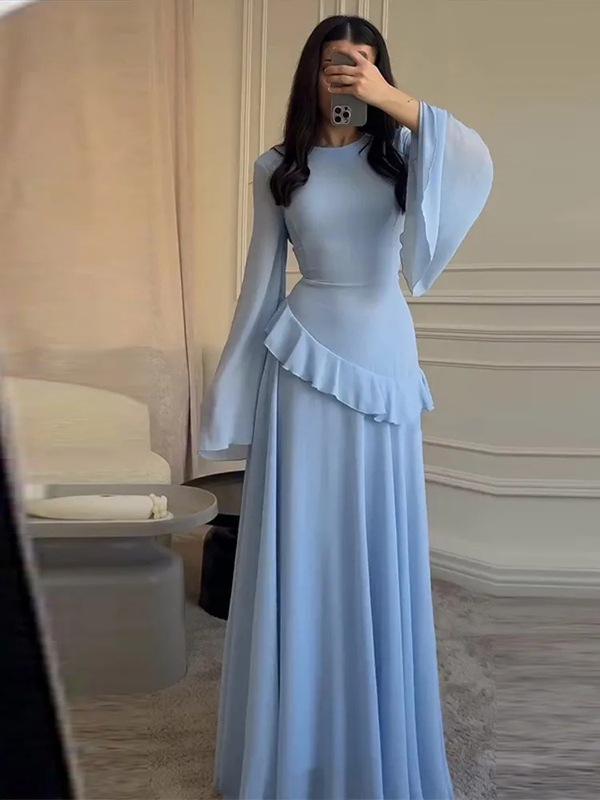欧美跨境2025新款褶皱长裙女装修身o型领收腰晚礼服时尚连衣裙|undefined