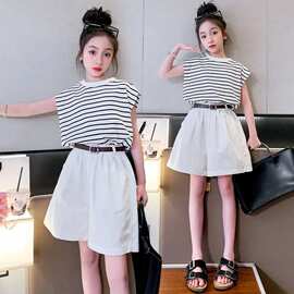 女童套装夏季新款儿童时尚韩版条纹背心白色短裤小女孩休闲两件套